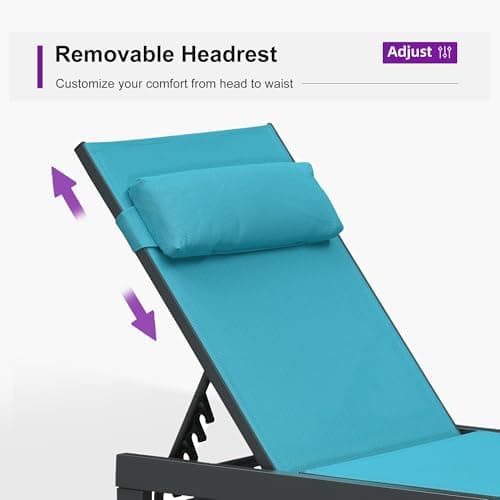 PURPLE LEAF Patio Lounge Chair Set of 3 Outdoor Chaise Lounger Aluminum Frame with Side Table and Wheels for Pool Outside Sunbathing Tanning Recliner Including Pillows Turquoise Blue - Thumbnail 5