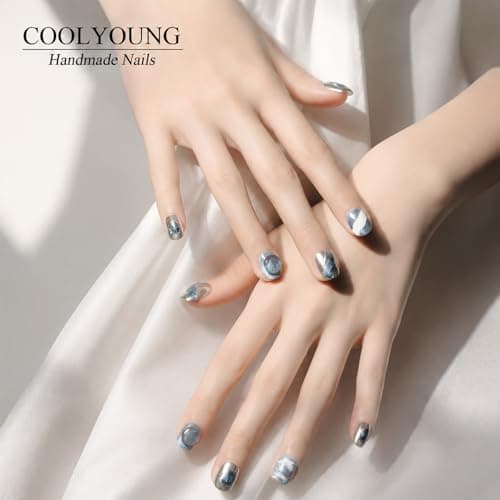 Handmade Nails Blue 3D Press On Nails Acrylic Press Ons Short Handmade Natural Nails Durable Press On Nails Ladies Gifts COOLYOUNG False Nails, 10 PCS, Size L - Thumbnail 6