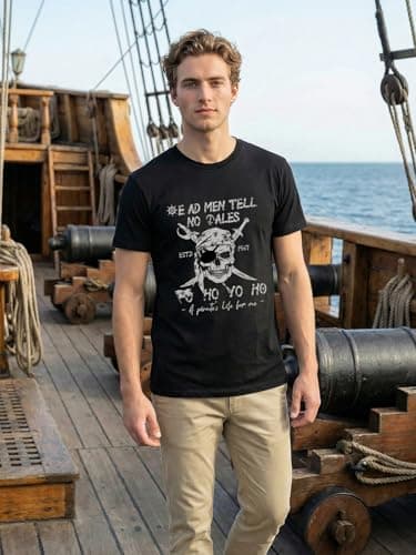 Pirate Shirt Mens Skeleton Graphic Shirt Pirate Theme Funny Trip Short Sleeve Tee Top - Thumbnail 4