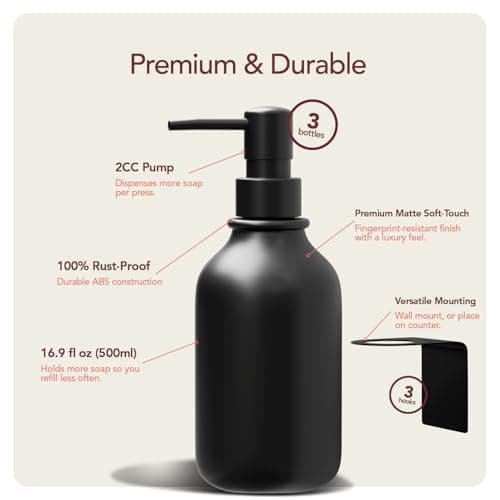 Black Soap Dispenser Set for Bathroom and Kitchen – 3-Packs Refillable Bottle Set, Soft Touch Pump Bottles Wall Mount Hooks Stickers Glue with Vanity Sink Placement Modern Design - Thumbnail 3