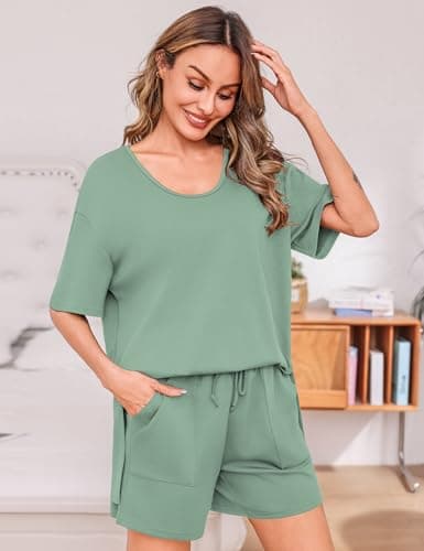 Totatuit Women's Casual 2 Piece Short Sets Oversized Slit Hem T-Shirt and High Waisted Shorts Pajama Set Soft Loungewear for Vacation Sage Green Small - Thumbnail 4