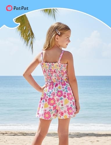 PATPAT Toddler Girl Romper 6T, Hot Pink Ditsy Floral Print Adjustable Spaghetti Strap Summer Rompers, Girls Romper 6 Cute Summer Outfits - Thumbnail 4