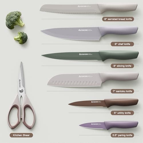 Astercook Knife Set, 13 Pieces Kitchen Knives Set with Healthy Anti-Rust Coating, Dishwasher Safe, Stainless Steel Chef Knife Sets with 6 Blade Guards, Perfect Holiday Gifts for Kitchen Morandi - Thumbnail 6