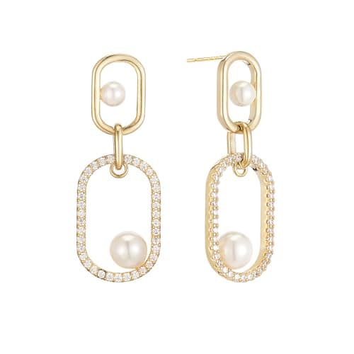 Sylph 14K Gold Dangle Drop Pearl Paperclip Earrings Luxurious Hanging Oval Link Earrings for Women Trendy Statement Dangling Earring with Sparkly Rhinestones - Image 1