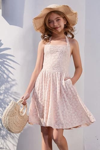 HOZIY Girls Floral Dress Spring Summer Easter Casual Halter Neck A Line Short Sundress Kids Elegant Semi Formal Church Dresses Pink Size 6-7 - Thumbnail 2