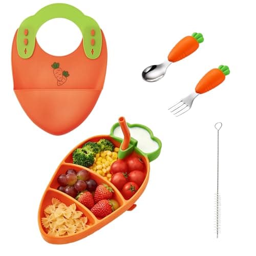 Ecrekhom Silicone Baby Feeding Set 5 Pcs, Weaning Supplies, Carrot Baby Plates Baby Spoon & Fork, Baby Utensils Feeding Essentials - Image 1