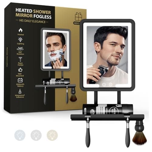 Shower Mirror Fogless for Shaving with Light - Heated Anti Fog Bathroom Mirror Razor Holder Recharegable 5000mAh Battery 3 Colors Dimmable Adhesive Wall Mount Shower Accessories Gift for Men(Black) - Image 1