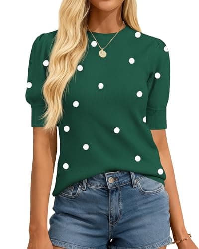 BTFBM Womens Tops Polka Dot Puff Short Sleeve Sweater for Women Crewneck Knit Summer Tops Business Dressy Casual Blouses(Dark Green, Small) - Image 1