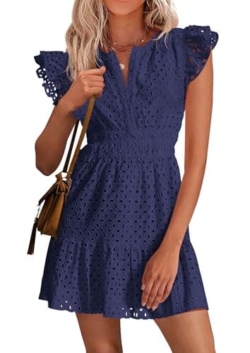 PRETTYGARDEN Women's 2026 Summer Sundresses Eyelet Cap Sleeve V Neck Short Boho Wedding Guest Dress Beach Vacation Clothes (Navy Blue,Medium) - Image 1