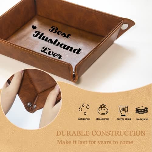 Best Husband Ever Gifts for Husband from Wife PU Leather Valet Tray & Keychain, Unique Gifts for Him Husband Who Has Everything at Birthday Valentines Day Christmas Anniversary - Thumbnail 4
