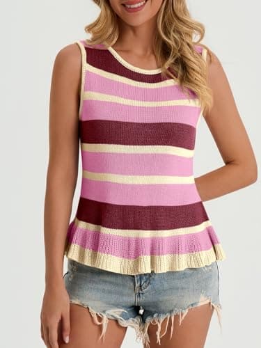 Cicy Bell Womens Striped Sweater Vest Summer Casual Sleeveless Ruffle Knit Tank Tops Crew Neck Lightweight Shirts Pink - Thumbnail 5