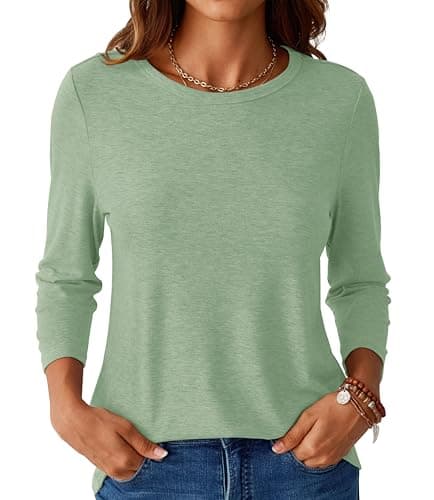 GKBK Womens Tops 3/4 Sleeve Shirts Round Neck Casual Blouses Basic Loose Fit Pullover Tshirts Light_Green L - Thumbnail 2