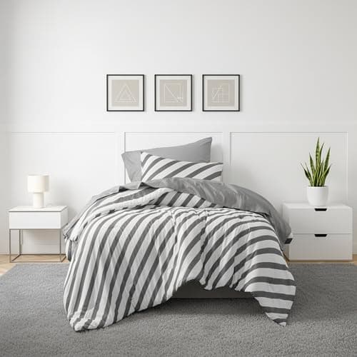 Reversible Striped Twin Comforter Set-Bed in A Bag 5-Pieces Bedding Set with Double-sided Stripes Design-Warm & Cozy Bed Set Includes Twin Size Comforter, Sheets Set, Pillowcase and Sham, Charcoal - Image 1