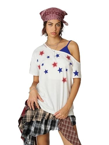 Aelfric Eden Star Graphic Off The Shoulder Tee Women's Oversized Graphic Tees Short Sleeve Summer Cute T Shirts Y2K Tops WhiteBlue Small - Image 1