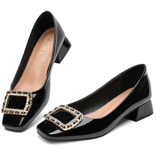 QFDZLA Women's Low Chunky Block Heel Pumps Comfortable Leather Square Toe Dress Shoes Slip On Block Heel for Office Lady Shoes Black Size 10 - Image 1