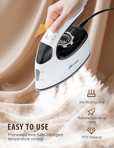 Sundu 1000W Mini Travel Steam Iron, Portable Small Iron for Quilting & Sewing, Non-Stick Soleplate, 300 Steam Holes, 90ml Tank, Safety Base & Digital Temperature Control-Black White - Thumbnail 4