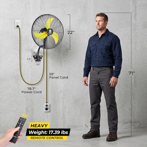 FUGOO 20'' Outdoor Quiet Remote Control Oscillating Wall Mount Fan,All Sealed BLDC Motor,4 Speed Waterproof Outdoor Fan With Remote, Heavy Duty Industrial Wall Fans for House,Patios,Garage,Warehouse - Thumbnail 2