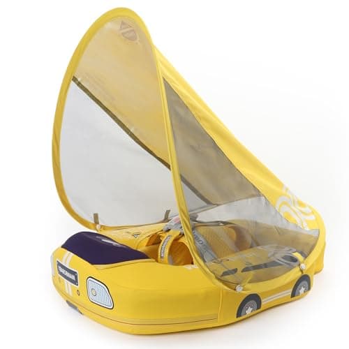 Mambobaby Baby Swimming Float with Canopy, Lanstics Baby Pool Float Non-Inflatable Baby Float Swim Trainer for Infant UPF50+ UV Protection Canopy for Toddler Infant 3-24 Months (Yellow Car) - Image 1