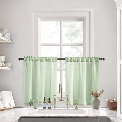 HOMEIDEAS Sheer Curtains 36 Inch Length, Non See Through Sage Green Privacy Semi Light Filtering Elegant Lightweight Short Window Drapes for Living Room, Bedroom, Kitchen，30 X 36 Inches 2 Panels Set - Image 1