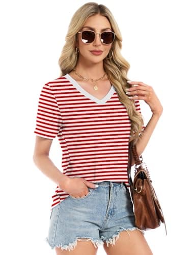 Womens Summer Tops Short Sleeve V Neck T Shirts Blouses Plus Size Tunic Vacation Beach Vacation Boho Outfits, Red/White Stripe 3XL - Thumbnail 5