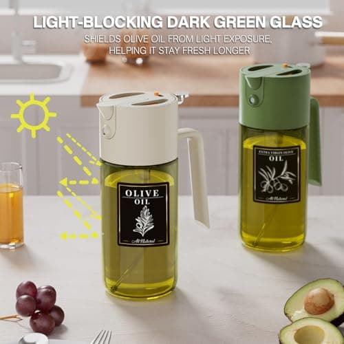 2-IN-1 500ml/17oz Light-Blocking Dark Oil Sprayer for Cooking W/ Stickers, Dark Green Glass Olive Oil Dispenser Bottle for Kitchen, Even Spray with Portion Control, Perfect for Air Fryer, BBQ-White - Thumbnail 2