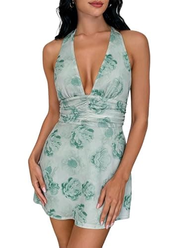 COCCKO Women's Halter Deep V Neck Dress, Backless Floral Print Mini Sundress, Summer Beach Vacation Going Out Outfits 2026 - Image 1