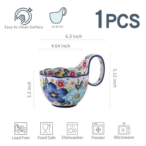 18oz Large Soup Bowl with Loop Handle, Ceramic Handpainted Decorative Mug Cup with Handle, Bowl for Soup Cereal Fruits Chili Stew Ice Cream, Dishwasher Microwave Safe Housewarming Gift for Mom - Thumbnail 2
