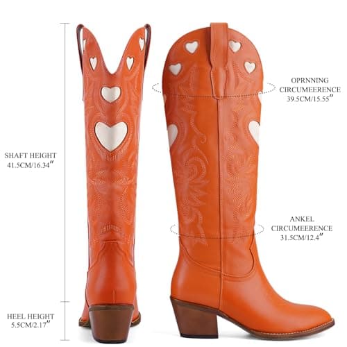 POYOIOR Orange Cowboy Boots for Women Wide Calf Round Toe Chunky Stacked Heel Knee High Cowgirl Boot Heart Pattern Classic Embroidered Tall Western Booties Pull on Size 7 - Thumbnail 5