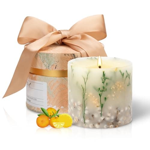 Youkali Scented Soy Candle for Women - Long-Lasting Natural Pillar Candle with Dried Flowers - Gift-Boxed Hand-Poured Luxury Candle for Home Decor and Relaxation (Orange & Lemongrass) - Image 1