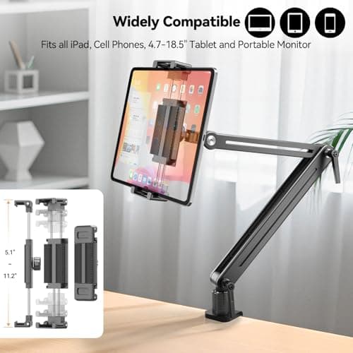Portable Monitor Stand Desk Holder- Large Clamp support up to 12.9 14.6 15.6 18.5 inch 360° Rotating Base Swivel Tall Desk Arm Mount for iPad Pro/Mini/Air/Surface Strong Bearing Weight over 5.5lbs - Thumbnail 2