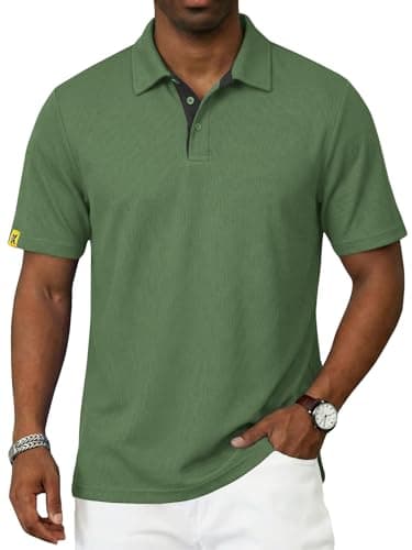 REXUHOWU Men's Polo Shirt Short Sleeve Moisture Wicking Sports Casual T-Shirt Golf Polo Shirt Business Collar Shirt for Men Green M - Thumbnail 3