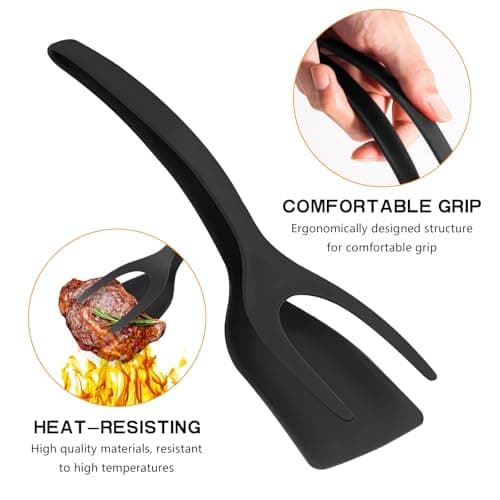 Egg Flipper Spatula Tongs 2 PCS Spatula for Non Stick Frying Pan 2 in 1 Grip & Flip Kitchen Tongs, High Heat Resistant BPA Free Cooking Utensils, Ideal Cookware for Pancakes, Fish, Eggs, Toast (black) - Thumbnail 4