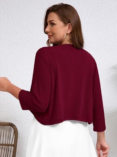 AusLook Plus Size Women Bolero Shrugs 3/4 Sleeve Burgundy 3X Open Front Knit Lightweight Coat Cropped Tops Shawls and Wraps Cardigan Dressy Sweater Clothes - Thumbnail 2