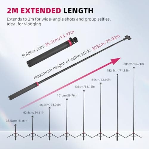 80in Pocket 3 Selfie Stick Tripod for GoPro Action Camera, Extendable Stand Vlog Mount for DJI Osmo Pocket 3 Action 6 5 Pro 4 3 for Xtra Muse for Insta360 X5 X4 X3 for AKASO DSLR Accessories - Thumbnail 2