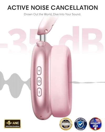 Wentronic Y02 Active Noise Cancelling Headphones,60H Battery,5 EQ Music Modes,Hi-Res Audio,Deep Bass,Foldable Wireless Over Ear Bluetooth 5.4 Headset,Breathable Leather Earpads (Pink) - Thumbnail 4