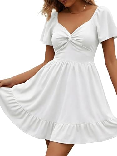ECOWISH Twist Front Mini Summer Dresses for Women Short Flutter Sleeve Casual Flowy V Neck Tie Back A Line Dress with Pockets 01White Small - Image 1