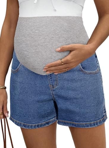 BLENCOT Maternity Denim Shorts Women's Summer Over Belly Casual Comfy Pregnancy Jeans Short Sky Blue L - Image 1