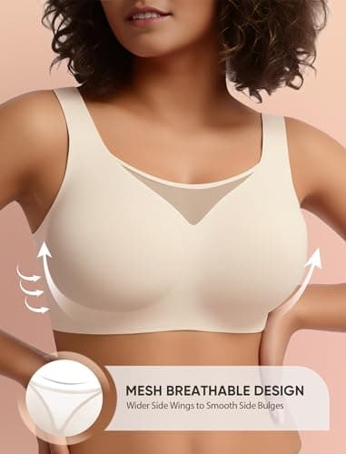 Easybunny Wireless Bras for Women Seamless Supportive V Mesh Bralette Minimizers Comfortable Tshirt Bra for Older Women Beige 3XL - Thumbnail 2