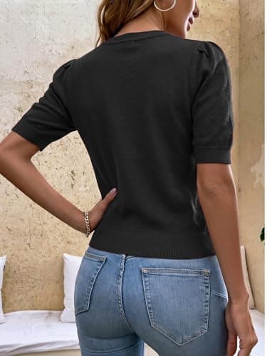 LaGracia Womens Cropped Sweater Puff Short Sleeve Spring Summer Work Tops Crew Neck Sweaters Black S - Thumbnail 3