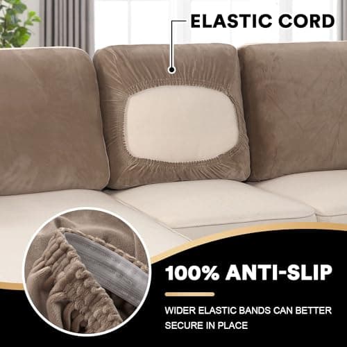 PrinceDeco Sectional Couch Covers Velvet Cushion Covers for Sectional Couch Washable Cushion Covers for Sectional Sofa Pet Friendly Sectional Sofa Slipcovers(1 Chaise Back+ 3 Sofa Back,Taupe) - Thumbnail 4