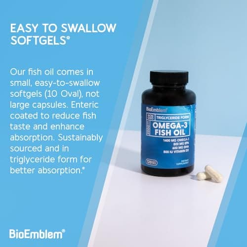 BioEmblem Omega-3 Fish Oil 2000mg - Small Size Softgels, High Absorption Form, Sustainable - 1400mg EPA &DHA Plus Vitamin D3, Non-GMO, Heart, Joint, & Brain Health Fish Oil Supplement, 120 Ct - Thumbnail 6