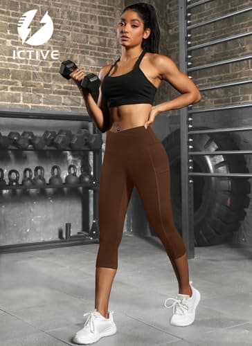 ICTIVE Women's Capris Yoga Pants with Pockets Crossover V Cross High Waisted Fitness Running Leggings Coffee S - Thumbnail 6