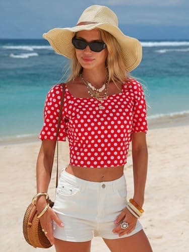 EXLURA Women's 100% Cotton Polka Dot Crop Top Square Neck Open Back Tie Knot Summer Vacation Beach Blouse Cute Ruffle Shirts Red - Thumbnail 2