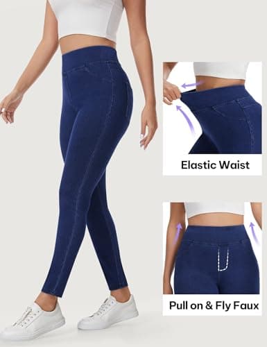 AVAMO Jeggings for Women Tummy Control Stretchy Skinny Jeans Pull On Elastic High Waisted Denim Jeans Leggings Trendy Dark Blue - Thumbnail 6