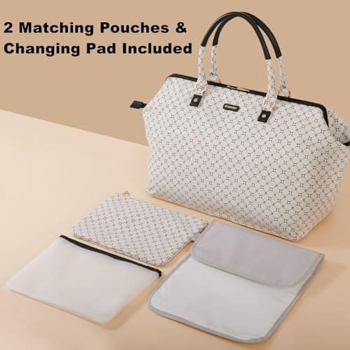 SUNVENO Large Mommy Hospital & Travel Diaper Bag Tote, Weekender Organizer Bag for Mom & Baby with Changing Pad, 2 Pouches & Luggage Sleevet, White Classic - Thumbnail 3