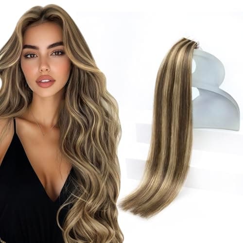 Sunny Hair Tape in Hair Extensions Human Hair 14 Inch Remy Hair Extensions Tape ins for Women Dark Brown Highlight Caramel Blonde Hair Extensions Real Human Hair Tape Ins 20Pcs 50g - Image 1