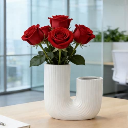 ISTOOLL U-Shaped Ceramic Vase for Table Decor, White Double mouthed Vases for Centerpiece for Living Room, Coffee Table Decor, Kitchen, and Office - Thumbnail 6