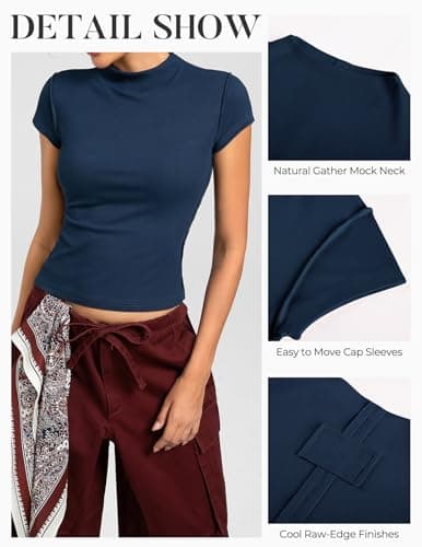 Womens Cap Sleeve Tops, Mock Neck Raw Hem Summer Shirts, Ribbed Y2K Going Out Crop Top, Trendy Fitted Tshirts(Navy, L) - Thumbnail 6