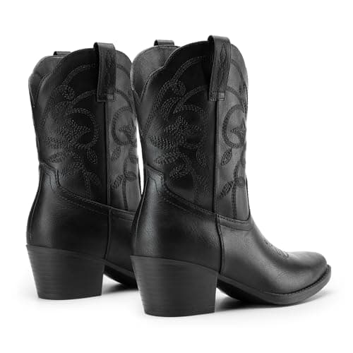 Athlefit Women's Cowboy Cowgirl Ankle Boots Square Toe Low Chunky Heel Embroidery Western Short Booties for Country Concerts Black Size 6.5, AD00764 - Thumbnail 6