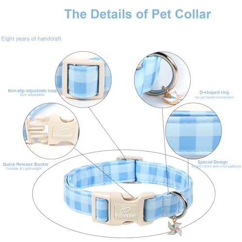 Babole Pet Boy Dog Collar Blue Gingham Dog Collars for Large Dogs - Lightweight Adjustable Spring/Summer Plaid Male Female Dogs Everyday Collar with Safety Buckle L - Thumbnail 3